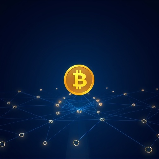 Moeda digital dourada e rede descentralizada do Bitcoin BTC